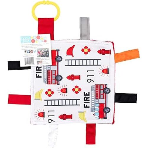 Baby Sensory Crinkle & Teething Square Lovey Toy with Closed Ribbon Tags for Increased Stimulation: 8"X8" (Firefighter)