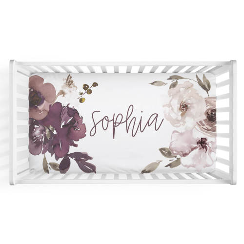 Demis Dusty Purple Floral Personalized Crib Sheet