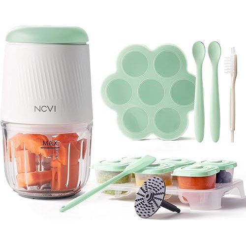NCVI Puree Baby Food Processor Glass Set, Mini Infant Food Maker Blender Machine with 8 Blades and Grinding Disc, Small Blender Including Food Containers, Silicone Tray and Tableware, Green