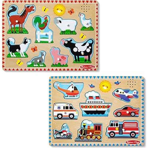 Melissa & Doug Wooden Sound Puzzle 2-Pack for Toddler and Preschool Boys and Girls – Farm Animals, Vehicles