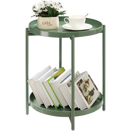 TeoKJ 2 Tier Green Side Table, Folding Round Metal End Table Small Nightstand with Two Removable Tray for Bedroom Living Room Bedside Small Spaces Dark Green