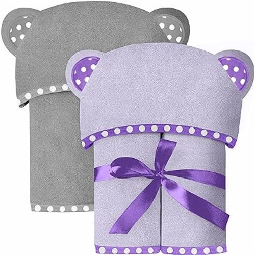 Set of 2 Hooded Baby Towels – Purple and Grey – Luxurious, Large and Super Absorbent – 30 x 30 Inch – Soft and Suitable for Infants, Toddlers and Kids – 400 GSM