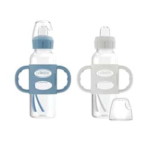 Dr. Brown's Milestones Narrow Sippy Spout Bottle with 100% Silicone, Easy-Grip Handles and Soft Sippy Spout, 8oz/250mL, Light-Blue and Gray, 2-Pack, 6m+