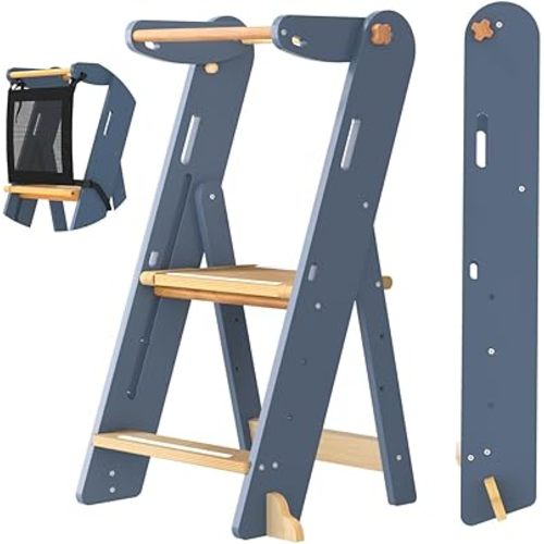 GROWNSY Foldable Step Stool Toddler Tower, Toddler Kitchen Stool Helper, Collapsible Kids Standing Learning Tower with 3 Adjustable Heights and Safety Net for Kitchen Bathroom Sink Counter (Blue Gray)