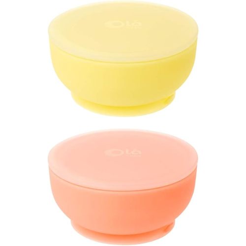 Olababy 100% Silicone Suction Bowl with Lid Bundle for Independent Feeding Baby and Toddler (Lemon + Coral)