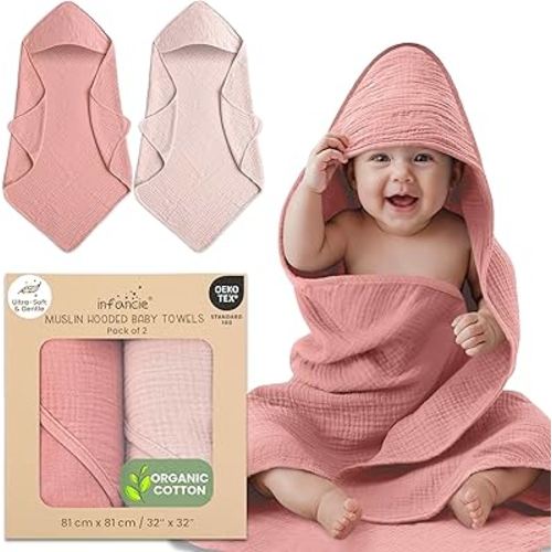 Serviettes de bain en mousseline de coton bio à capuche pour bébé - 81x81 cm, lot de 2 serviettes de bain pour nouveau-né pour garçons et filles, ensemble de bain doux et absorbant (Rose