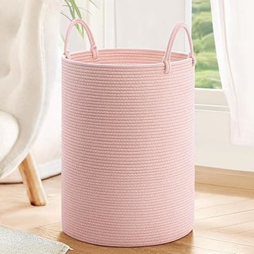 INDRESSME Pink Laundry Basket for Girls Kids Laundry Hamper for Nursery, Woven Rope Storage Basket for Living Room Girls room, Tall Basket for Blanket Storage Toys Bin, 19.7 x 13.8 inches
