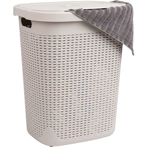 Mind Reader 50L Slim Laundry Hamper, Clothes Basket, Lid, Wicker Design, Plastic, 17.65"L x 13.75"W x 21"H, Ivory - 1-Pack