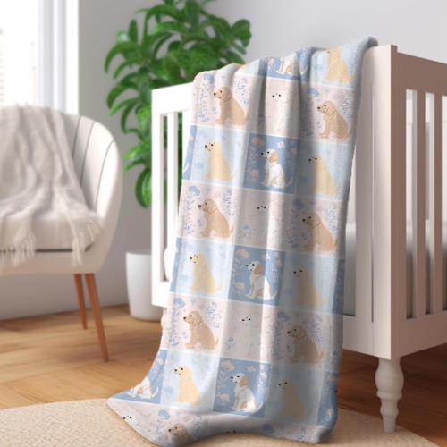 Golden Retriever Pastel Blanket - Pink and Blue Cozy Velveteen Throw, Faux Patchwork Cute Golden Retriever Blanket for Babies or Any Room