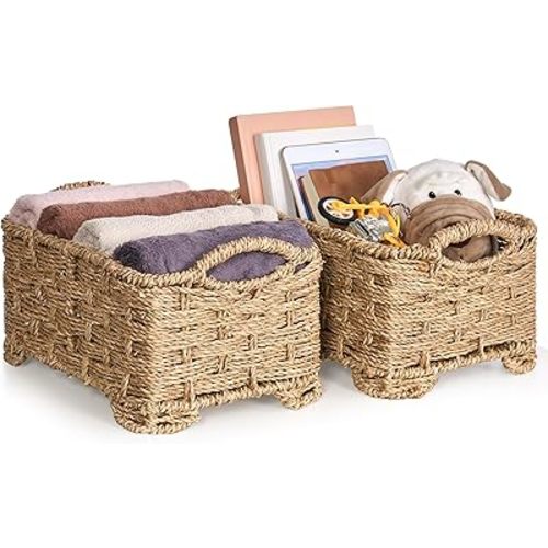 Storage Basket with Handles, Handwoven Seagrass Storage Container for Countertop Toilet Paper, Shelf Basket for Organizing Shelves