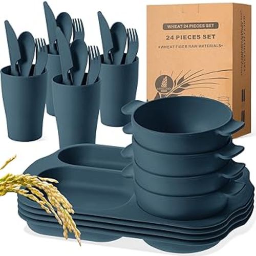 24 Pcs Wheat Straw Dinnerware Cutlery Sets, Kids Toddlers Divided Plates Unbreakable Bowl Microwave Dishwasher Safe Tableware Cutlery Spoon Knife Fork Cup (Dark Blue)