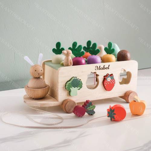 Wooden Pull Along Rabbit Car, Children's Educational Toys, Wooden Rabbit Car, Nursery Decoration, Baby Gift, 1st Birthday Gift