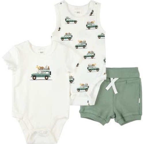 Safari Vehicle Print 3-Piece Cotton Bodysuits & Rib Shorts Set, 3M