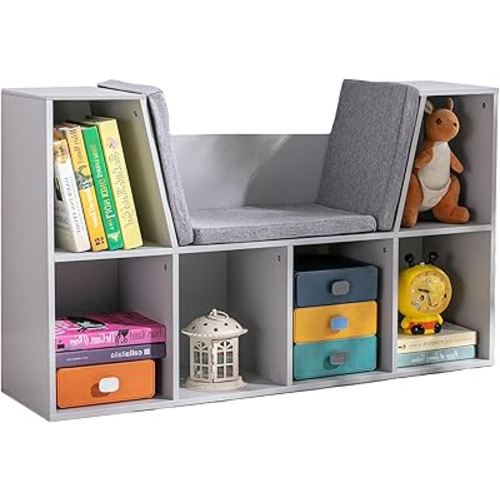 HOMCOM 6-Cubby Kids Bookcase with Reading Nook and Cushion, Multi-Purpose Storage Organizer for Bedroom, Living Room, Grey