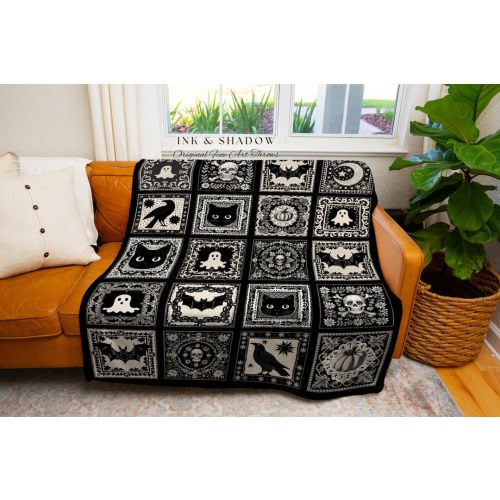 Spooky Season Throw Halloween Home Decor Cozy Witch Witchy Blanket Gift For Goth Room Decor Whimsigothic Fall Decorating Dark Academia Throw