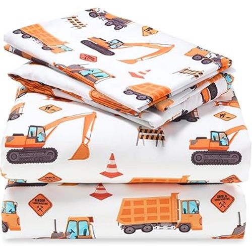 Joiedomi Kids Full Sheet Set Construction Vehicle - 4 Piece Soft Microfiber Bed Sheets - Deep Pocket Wrinkle Free, Cozy Toddler Bedding Set, Fade Resistant Breathable for Boys Girls Teens