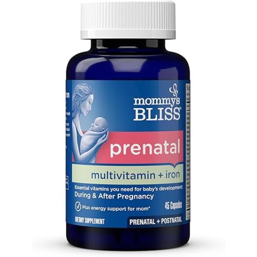 Mommy's Bliss Prenatal Multivitamin with Iron and Folic Acid, Supports Baby Development + Mom Immune System & Energy Levels w/ B Vitamins & Probiotics, Vegan & Gluten Free (45 Servings)