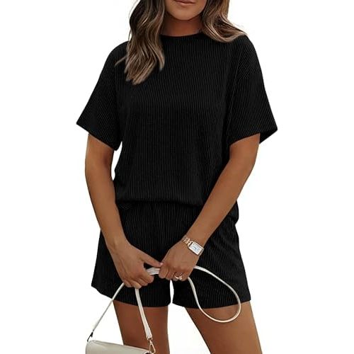 KIRUNDO 2 Piece Sets for Women Summer Lounge Set Ribbed Knit Short Sleeve Top Shorts Matching Airport Travel Vacation Outfits