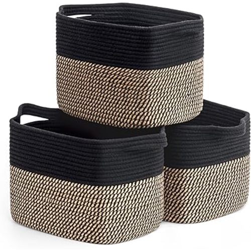 Goodpick Black Woven Rope Basket Set of 3, Shelf Storage Baskets for Books, Towels, clothes, Rectangle Decorative Basket for Living Room, Bedroom, Toy Bin for Nursery