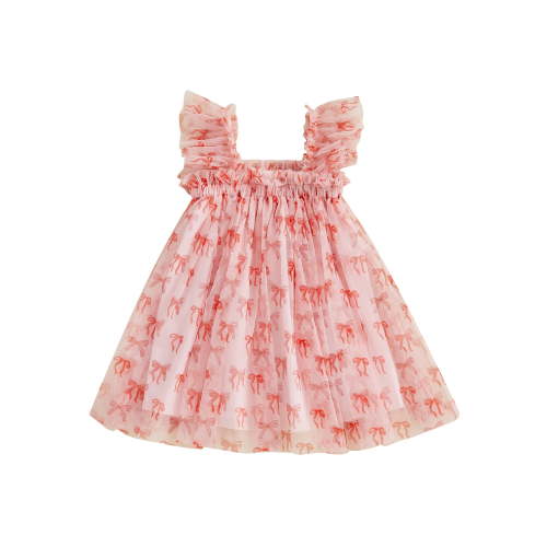 AceBaby Kid Baby Girl Tulle Dress Bow Print Flying Sleeve Suspender A-Line Dress for Spring Summer