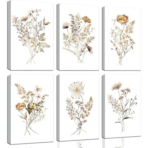 6Pcs Watercolor Flower Wall Art Colorful Wildflowers Canvas Botanical Prints Neutral Floral Poster Neutral Vintage Picture Boho Painting Minimalist Bouquet Wall Decor for Living Room Bedroom Framed