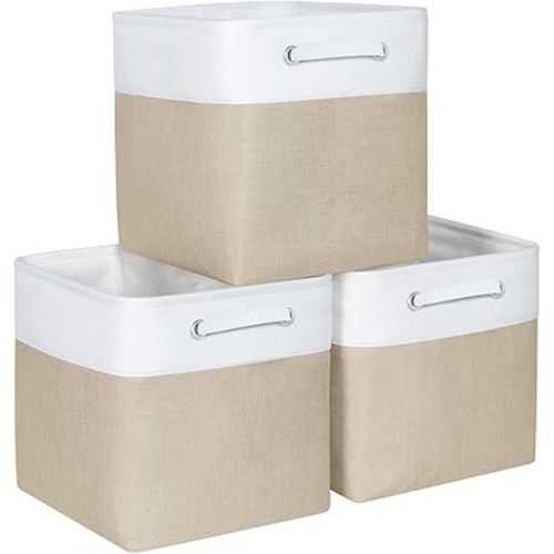 Kntiwiwo Cube Storage Bins 12 x 12 x 12 inch Storage Organizer Bins Storage Collapsible Basket with Dual Carry Handles for Home Closet Shelves Drawers, Set of 3, Beige