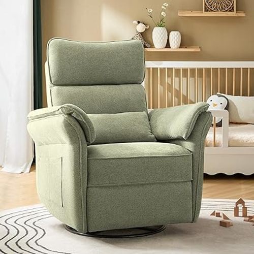 Nursery Rocking Glider Chair with Adjustable Armrests & Headrest, Power Nursery Recliner, Nursing Chair for Breastfeeding, Electric Swivel Rocker Recliner with USB Port&Storage, FSC Certified-Green