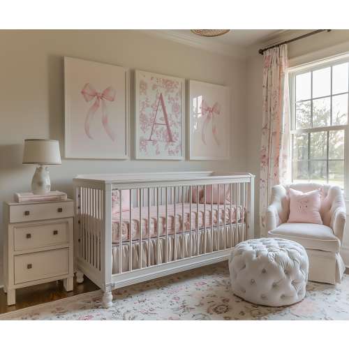 Set Of 3 Custom Initial Elegant French Coquette Bows Toile Print Chinoiserie Dusty Rose Personalized Wall Baby Girl Nursery Vintage Bows Art