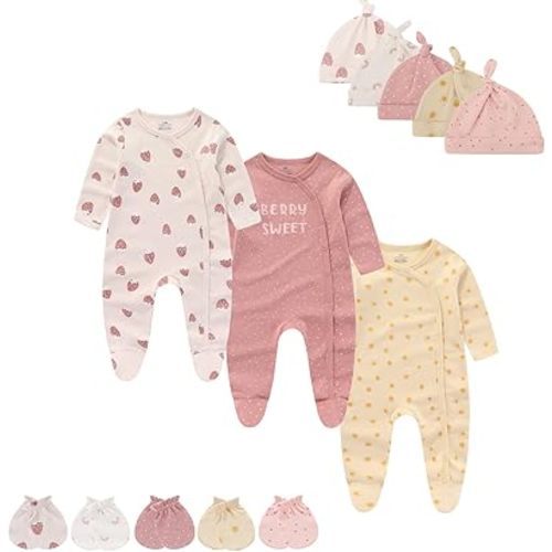 Baby Boy Girls Clothes 2-Way Zip Footed Long Sleeve 100% Cotton,Newborn Caps and Scratch Mittens Set 0-6 Months