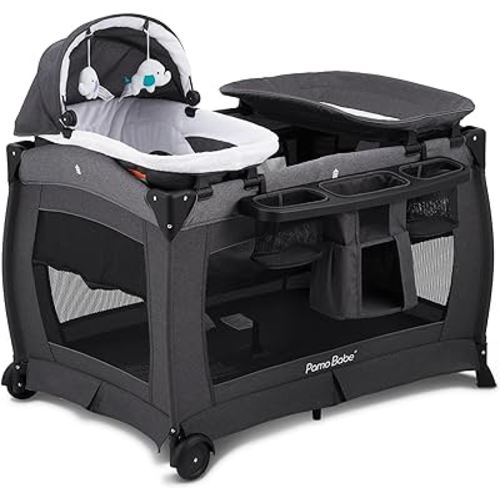 Pamo Babe Deluxe Nursery Center, Foldable Playard for Baby & Toddler, Bassinet, Mattress, Changing Table for Newborn(Black)