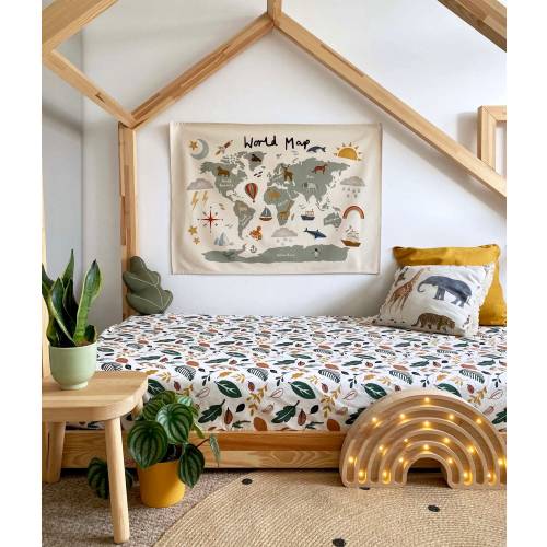 Large World Map Wall Hanging, 100% Unbleached Organic Cotton Kids Map, Nursery Wall Decor, Educational Playroom Chart