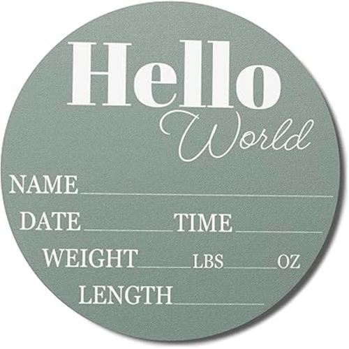 Hickory Hollow Designs - Baby Announcement Sign for Newborn Boys and Girls (Color Bases) - Hello World Nursery Decor Sign & Photo Prop for Babies Made of Birch Wood - 6" Circle Board (Sage)