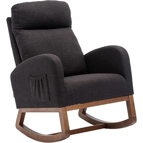 Dolonm Nursery Rocking Chair Upholstered Rocker Glider Comfy Rocking Accent Chair Padded Seat with High Backrest Armchair Side Chair for Living Room Bedroom Baby Room, Black