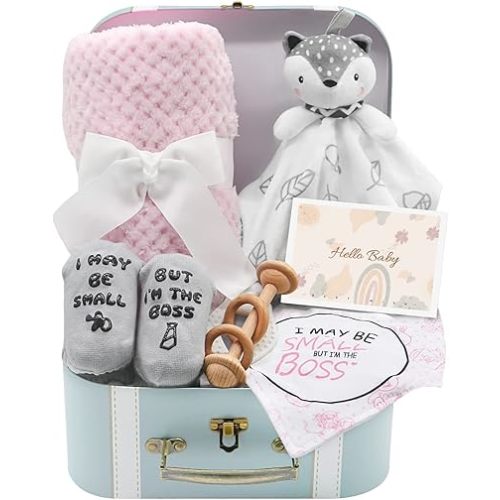 Baby Gift Set, Baby Girls Gift Set New Baby Gifts Basket - Babies Blanket Baby Lovey, Funny Baby Bibs Socks & Greeting Card - Newborn Baby Shower Gifts, Fox