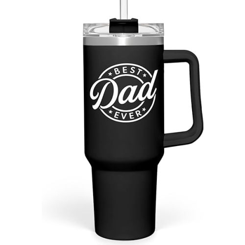 SANDJEST Best Dad Ever Tumbler with Handle - 40oz Stainless Steel Insulated - Dad Gifts for Daughter & Son - Coffee Tumbler for Father's Day, Birthday, Christmas - Cup Gift Set with Lid & Straw