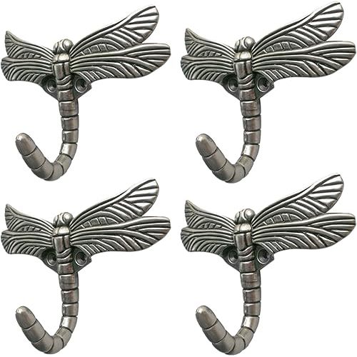 Dragonfly Hooks Wall Mounted Cloak Rack Hooks, Animal Hooks Heavy Duty Vintage Decorative Hooks, Indoor Outdoor Universal Cloak Rack Hooks for coat Towel Robe Clothes Hats Bags Keys, Pack of 4