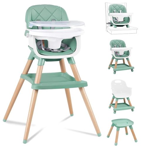 Babyliebe Baby High Chair, 8 in 1 Convertible Wooden High Chair for Babies and Toddlers, Converts to Booster Seat, Toddler Chair & Stool, with Removable Double Tray, Adjustable Legs & Footrest (Green)