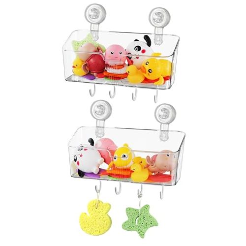 ERTIUANIO 2 Pcs Bath Toy Storage Holder for Bathtub, Large Capacity Clear Bath Toy Organizer Basket with Suction Cup & Hooks, Bathtub Toy Storage Shower Caddy for Bathroom Decor