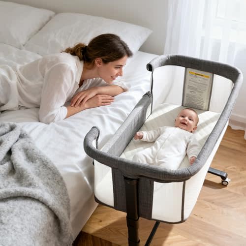 Kinder King Baby Bassinet Bedside Sleeper, Adjustable Heights, Grey | Newborn Baby Bedside Crib w/Wheels, All-Sided Mesh, Removable Soft Mattress, No Tool to Install, Easy to Clean, 0-6 Months