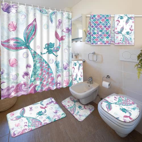 Nuanchu 6 Pcs Mermaid Shower Curtain Set with Bath Mat U Shaped Mat Toilet Lid Cover 2 Bath Towels and 12 Hooks Mermaid Bathroom Sets for Home Indoor Decor, 71" x 71"