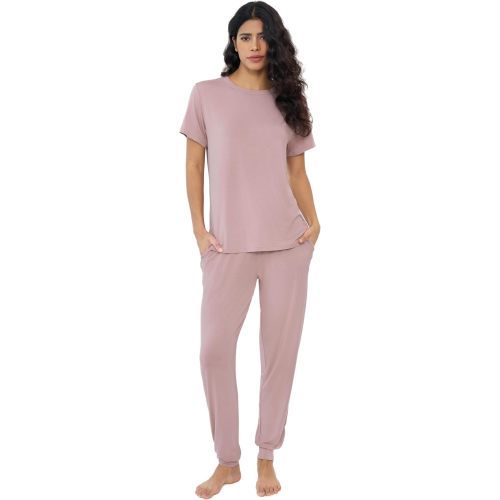 Joyaria Women Cooling Breathable Pajama Bamboo Viscose Soft Sleepwear Short Sleeve Lounge Jogger Set Moisture Wicking
