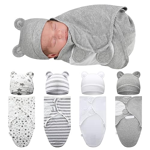 Buryeah 4 Pack Preemie Swaddle Blanket Wrap Set with Hat for Baby Boys Girls 3-7 Lbs Preemie Newborn Clothes Sleepers Cap (Gray,Star)