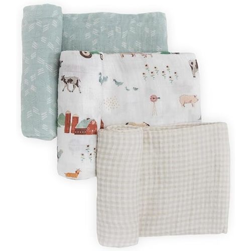 Little Unicorn Premium Muslin Swaddle Blanket 3 Pack | for swaddling, Play, Nursing & More | Giftable Set of 3 (Farmyard)