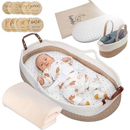Baby Changing Basket Set with Diaper Caddy Organizer, Multi Handle Handmade Boho Cotton Rope Basket with Portable Bag, Waterproof Pad, Milestone Markers, Blanket -Table Topper Changing Pad for Newborn