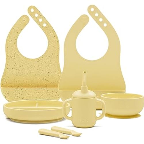 Lalo First Bites Silicone Baby Feeding Set - Baby Led Weaning Supplies - Non-Toxic Silicone - Includes 2 Bibs, 2 Spoons, Training Cup, Suction Plate and Bowl - 6 Pieces - Popcorn