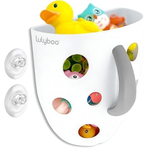 Bath Toy Holder for Bathtub - No-Slip Two Suction Cups Collector - Storage for East Cleanup - Organizer Making Organization Enjoyable - Bath Toy Caddy Basket - White & Grey