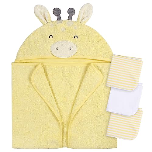 Gerber Baby 4 Piece Animal Character Hooded Towel and Washcloth Set, Yellow Giraffe, One Size