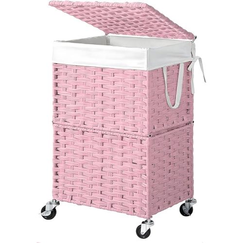 Chrislley 90L Slim Laundry Hamper with Wheels, Rolling Laundry Basket with Lid and Renovable Liner Bag, Handwoven Rattan Organizer for bedroom, bathroom, laundry room (Pink)