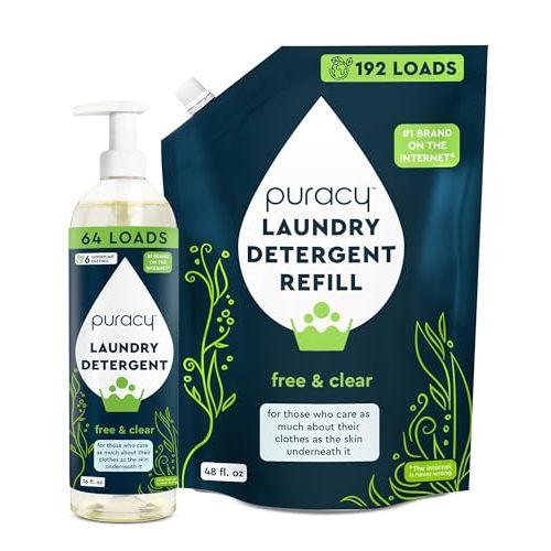 Puracy Laundry Detergent Refill - Enzyme-Powered Liquid Laundry Detergent Concentrate, Natural Laundry Detergent Seen on TikTok, Non-Toxic (Free & Clear 16 fl oz & 48 fl oz, 256 Loads)