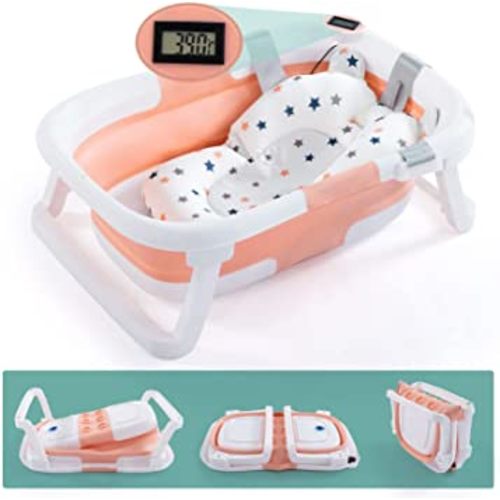 Baignoire pour bébé, baignoire 4-en-1 du nouveau-né au tout-petit avec capteur de température, bouchon d'oreille étanche pour nourrisson et coussin doux inclus, rose